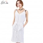 2016 Women Summer Casual Dress V-neck White Striped Dress Loose Style Casual Vestidos Robe Boho High Quality Cheap Clothes China