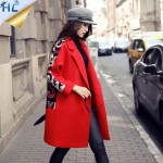 2016 Women Wool Coat Letter Printing Long Winter Woolen coats Red Black Fashion Casual Wool Peacoats