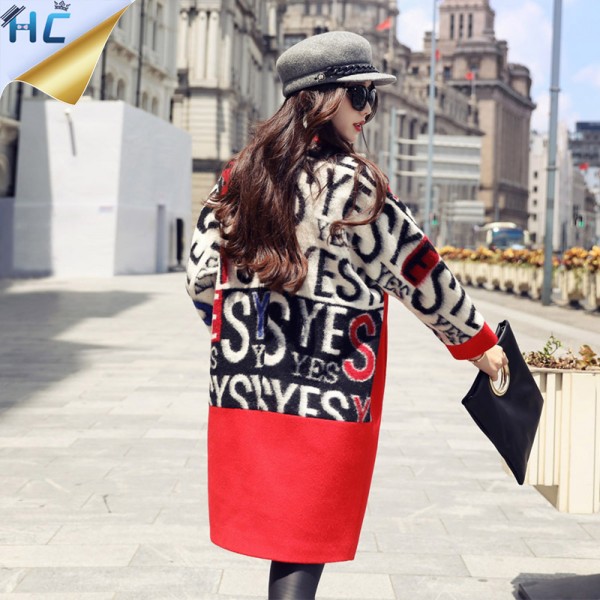 2016 Women Wool Coat Letter Printing Long Winter Woolen coats Red Black Fashion Casual Wool Peacoats