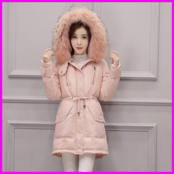 2016 Womens Warm Winter Down Coat Raccoon Fur Hooded Parkas Long Down Jacket