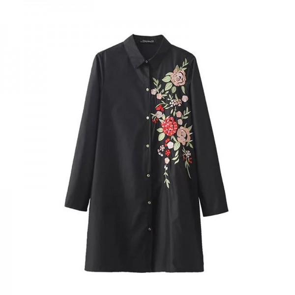 2016 autumn dress Women's embroidery black shirt dress