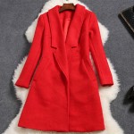 2016 autumn winter designer womens outwear red wool coat knee length v-neck suit collar fashion casual work brand coat jacket