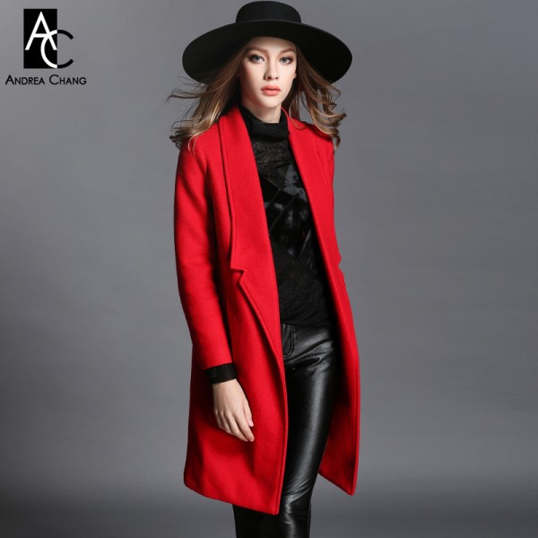 2016 autumn winter designer womens outwear red wool coat knee length v-neck suit collar fashion casual work brand coat jacket