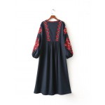 2016 autumn women bohemian elegant  vestidos lantern sleeve long dress national style floral embroidery casual party long dress