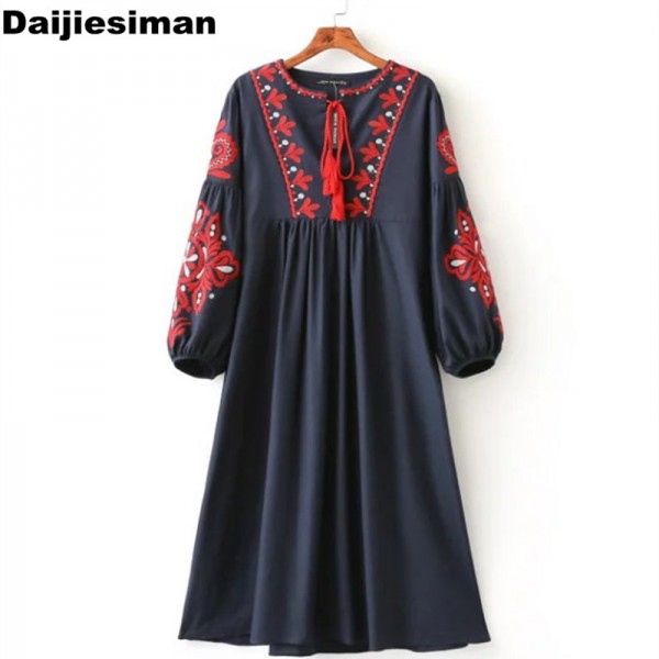 2016 autumn women bohemian elegant  vestidos lantern sleeve long dress national style floral embroidery casual party long dress