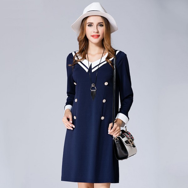 2016 fall new professional large size XL-5XL women's dress classic double-breasted v-neck dresses for women