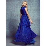 2016 hot sale ladies flounced sleeveless sexy dresses blue color ruffles elegant irregular long dresses V-neck sexy blue dresses