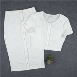 2016 new Fashion high quality women summer white short sleeve button cropped tops sexy knee-length two pieces sets Dress Vestido