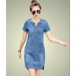 2016 new arrival summer women denim dresses short sleeves loose A word dresses plus sizes v-neck solid denim dresses 176A 25