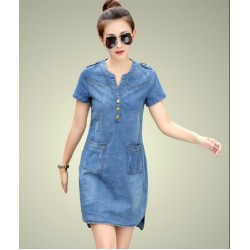 2016 new arrival summer women denim dresses short sleeves loose A word dresses plus sizes v-neck solid denim dresses 176A 25