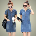 2016 new arrival summer women denim dresses short sleeves loose A word dresses plus sizes v-neck solid denim dresses 176A 25