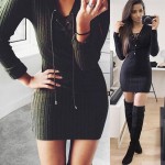 2016 new fashion autumn women front lace up v-neck long- sleeve slim bodycon sexy Mini knitted sweater Dress dresses Vestido