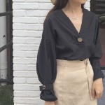 2016 new loose white black solid color shirt autumn fashion women batwing sleeve v neck blouses ladies shirts