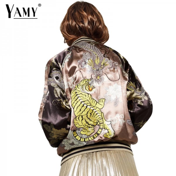 2016 reversible dragon Tiger Embroidery bomber jacket women Autumn ethnic long sleeve zipper basic coats female jaqueta feminina