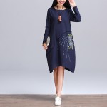 2016 spring New Fashion Arts style Women long sleeve Loose Casual Dress Vintage cotton linen Embroidery Dresses Plus Size S805
