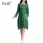 2016 spring New Fashion Arts style Women long sleeve Loose Casual Dress Vintage cotton linen Embroidery Dresses Plus Size S805