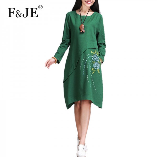 2016 spring New Fashion Arts style Women long sleeve Loose Casual Dress Vintage cotton linen Embroidery Dresses Plus Size S805