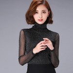 2016 spring and autumn women classic T-shirt turtleneck Bright silk fabric large size slim elegant female Top Wears