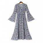 2016 spring autumn new Womens ethnic Boho trumpet kimono long sleeves heart paisley print v-neck chiffon long maxi dress blue