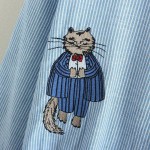 2016 spring brand girls college art vertical striped long sleeve dress fresh double Mr. Cat embroidery splice design women dress