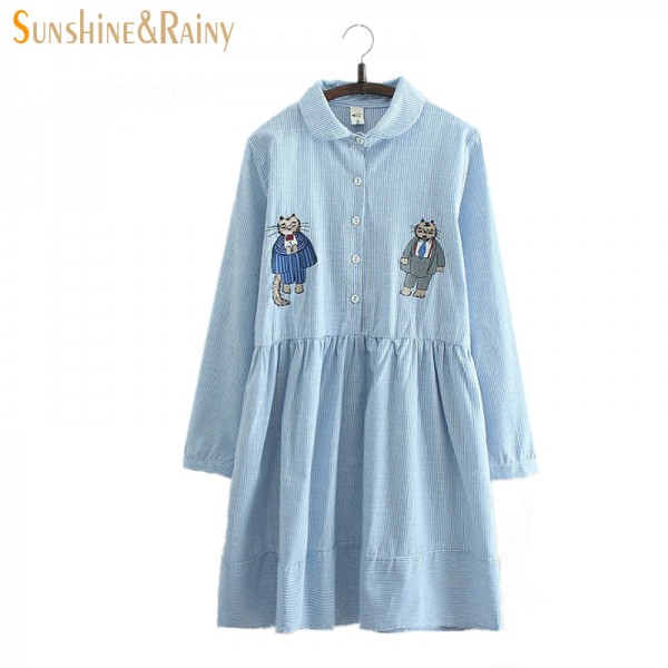 2016 spring brand girls college art vertical striped long sleeve dress fresh double Mr. Cat embroidery splice design women dress