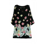 2016 spring summer new Womenswear wholesale V-neck sexy floral printed black A line chiffon dresses with cropped sleeves