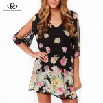 2016 spring summer new Womenswear wholesale V-neck sexy floral printed black A line chiffon dresses with cropped sleeves