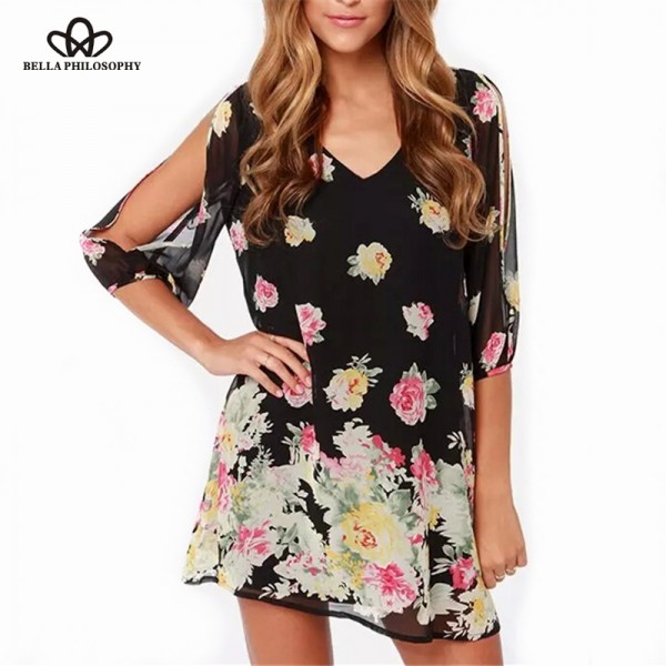 2016 spring summer new Womenswear wholesale V-neck sexy floral printed black A line chiffon dresses with cropped sleeves