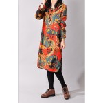 2016 spring summer new cotton and linen ethnic flroal print plus size casual women dress