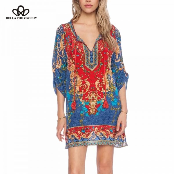 2016 summer boho style ethnic new retro Totem Paisley floral print half sleeve causal dress blue and pink