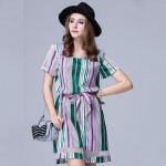 2016 summer style professional plus sizes women's dress high quality fashion stripe lacing waist dresses for women XL-5XL