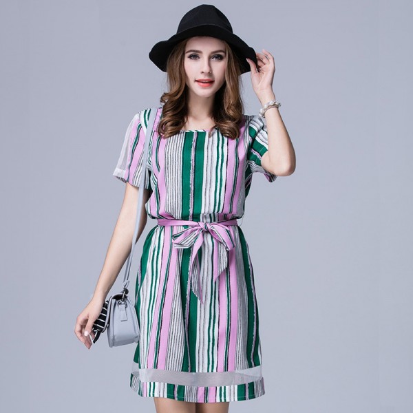 2016 summer style professional plus sizes women's dress high quality fashion stripe lacing waist dresses for women XL-5XL