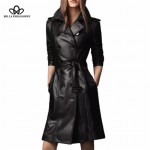 2016 winter new double-breasted long coat Slim pu faux leather female long trench coat jacket belted