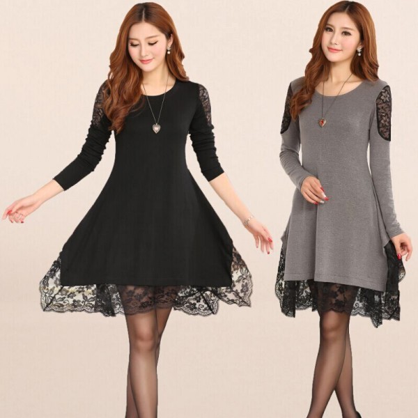 2016 women lace long-sleeve asymmetric basic dress