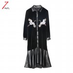 2016 women sexy street novelty harajuku black embroidery sequins dress velvet lapel slim leather patchwork dress 