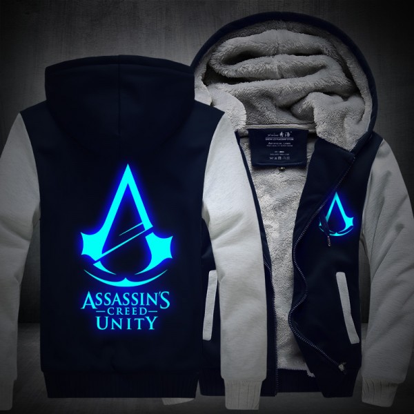 2016New Winter Fashion Luminous pattern Assassin Creed Hoodie Zipper Sweatshirt Ticken Cool Hoodies Men USA EU size Plus size