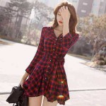 2017 Autumn Dress Women Retro England London Style Plaid Slim Bow Sash Long Sleeve Pleated Skater Red Shirt Dress Saias D12