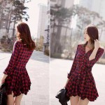 2017 Autumn Dress Women Retro England London Style Plaid Slim Bow Sash Long Sleeve Pleated Skater Red Shirt Dress Saias D12
