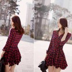 2017 Autumn Dress Women Retro England London Style Plaid Slim Bow Sash Long Sleeve Pleated Skater Red Shirt Dress Saias D12