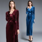 2017 Autumn Winter Dresses Blue Red Velvet Dress For Women Vintage Sexy Evening Party Dresses With Sashes Mid Calf Vestidos