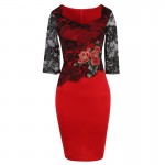 2017 Autumn Winter Women 3/4 Sleeve Square Collar Rose Embroidered Lace Patchwork Bodycon Vintage Pencil Dress Plus Size S-5XL