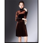 2017 Autumn Winter Womens Velvet Dresses Warm Turtleneck Velvet Dress Vintage Long Sleeve Pleated Party Dresses vestidos mujer