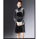 2017 Autumn Winter Womens Velvet Dresses Warm Turtleneck Velvet Dress Vintage Long Sleeve Pleated Party Dresses vestidos mujer