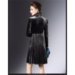 2017 Autumn Winter Womens Velvet Dresses Warm Turtleneck Velvet Dress Vintage Long Sleeve Pleated Party Dresses vestidos mujer