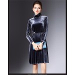 2017 Autumn Winter Womens Velvet Dresses Warm Turtleneck Velvet Dress Vintage Long Sleeve Pleated Party Dresses vestidos mujer