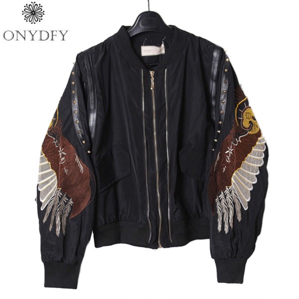 2017 Autumn Women Angel Wing Embroidery Bomber Jacket Rivet Stand Neck Jackets Short Outwear For Women Basic Coats