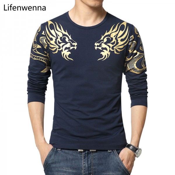 2017 Autumn new high-end men's brand t-shirt fashion Slim Dragon printing atmosphere t shirt Plus size long-sleeved t shirt men