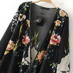 2017 Beach style Black Cardigan Open Stitch V-neck Long-sleeve Flower Printed Long Cardigan Outerwear CD12804C