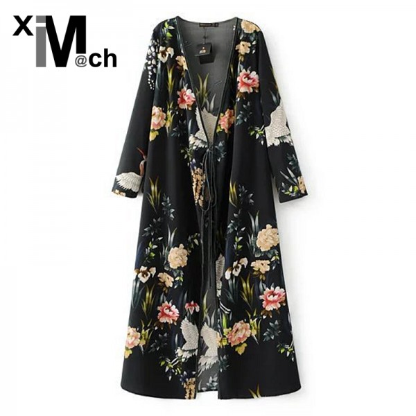 2017 Beach style Black Cardigan Open Stitch V-neck Long-sleeve Flower Printed Long Cardigan Outerwear CD12804C