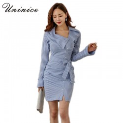 2017 Blue Striped Dress Women's Clothing Loose OL Casual Slim Long Sleeve Dress Designer Mini Sheath Dress Female Brand Hot